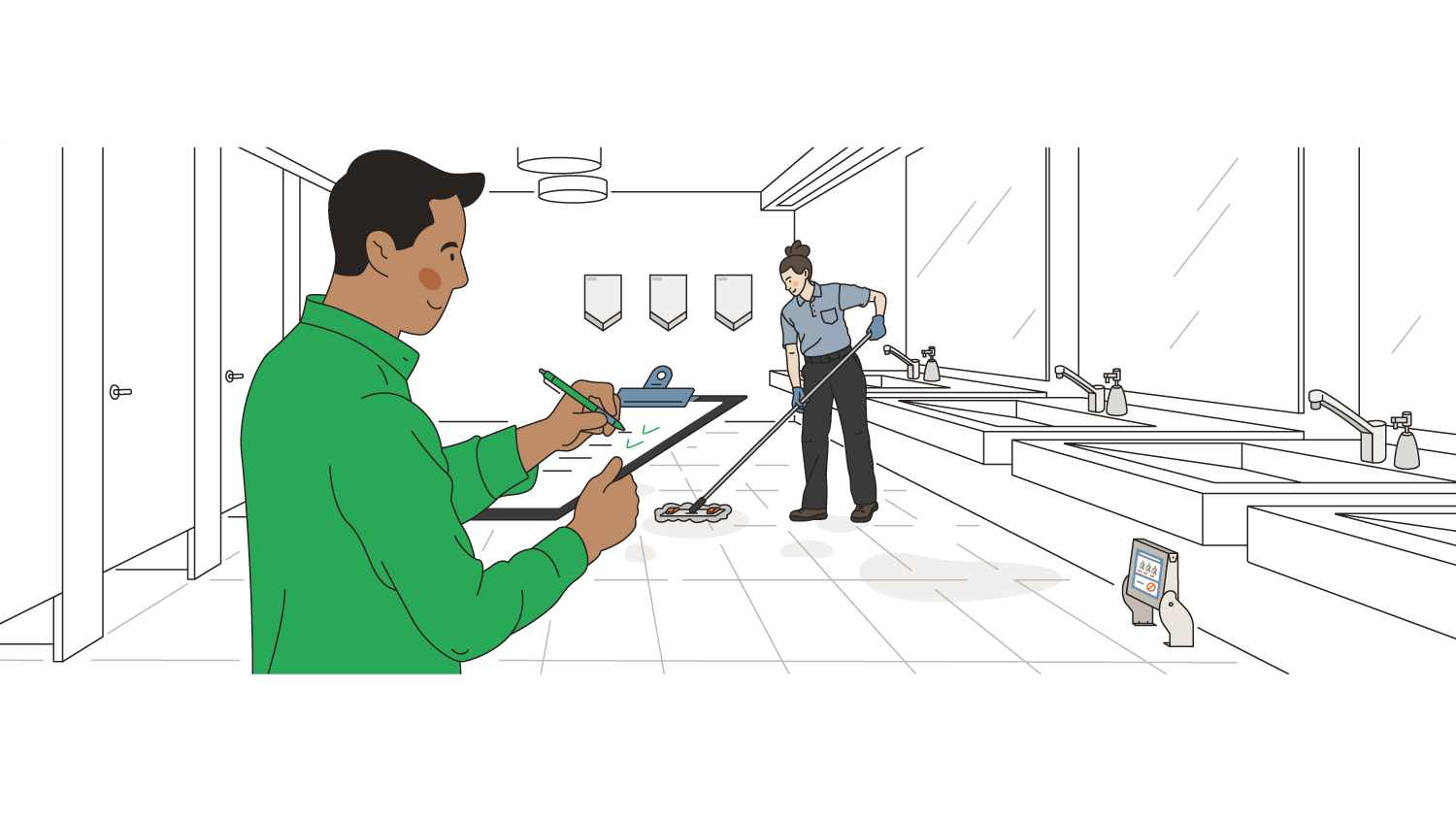 Imaged shows cleaner mopping in the background with an inspector with a checklist in the foreground of a public bathroom
