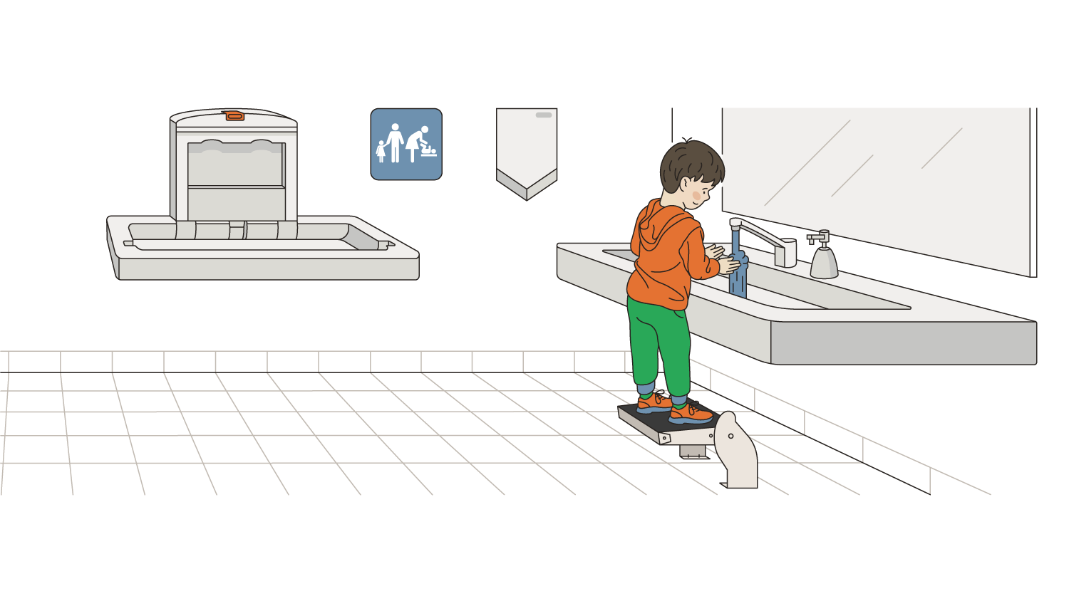 Child using floor mounted step stool to wash hands at the sink in the public bathroom