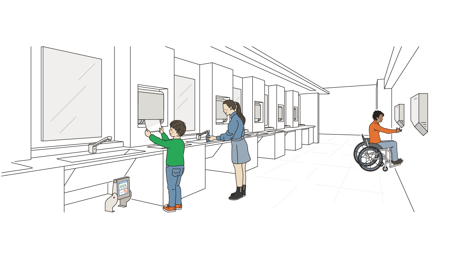 Image of an accessible public bathroom with a child, woman, and wheelchair user in the space