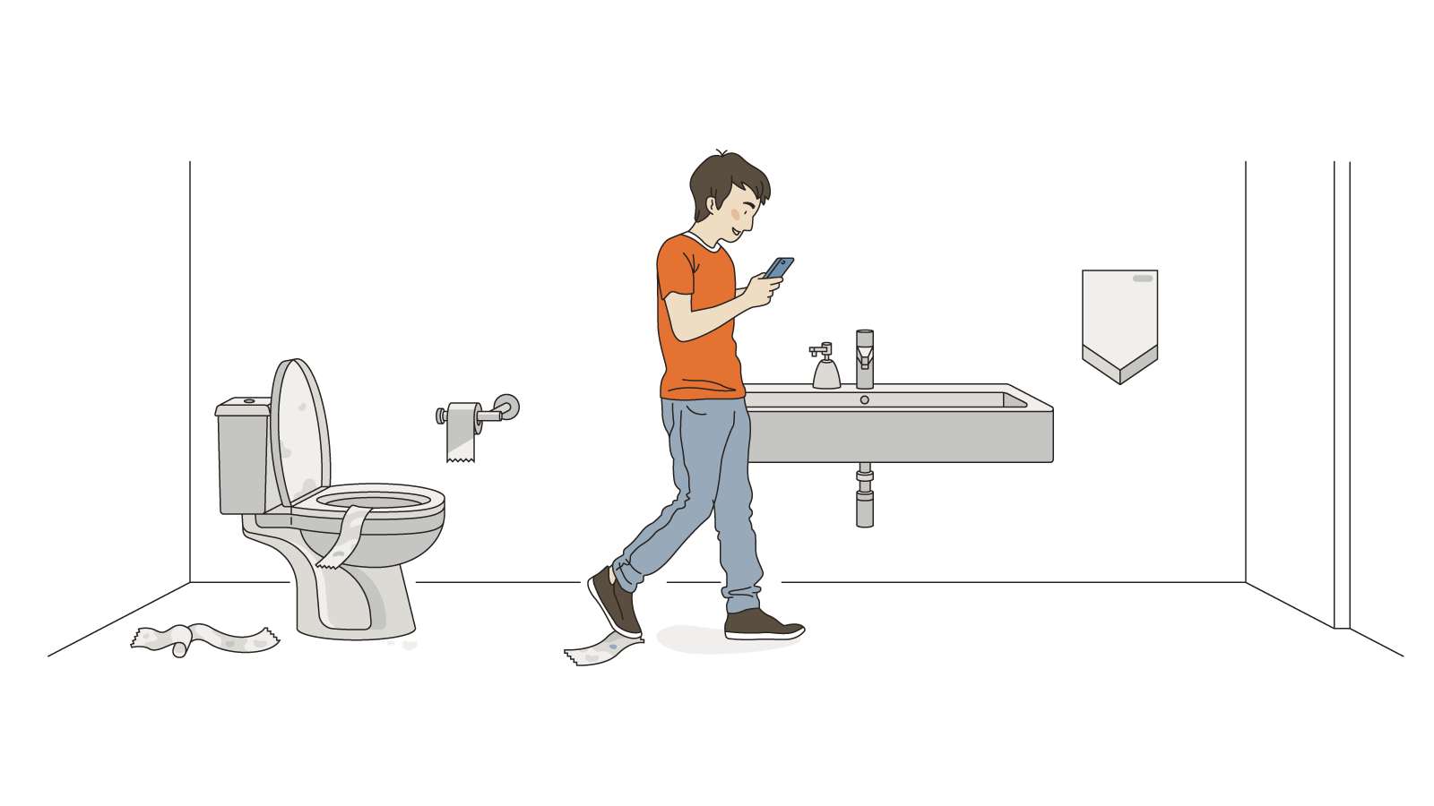 Man walking away from toilet and past the sink while looking at his phone, not washing his hands