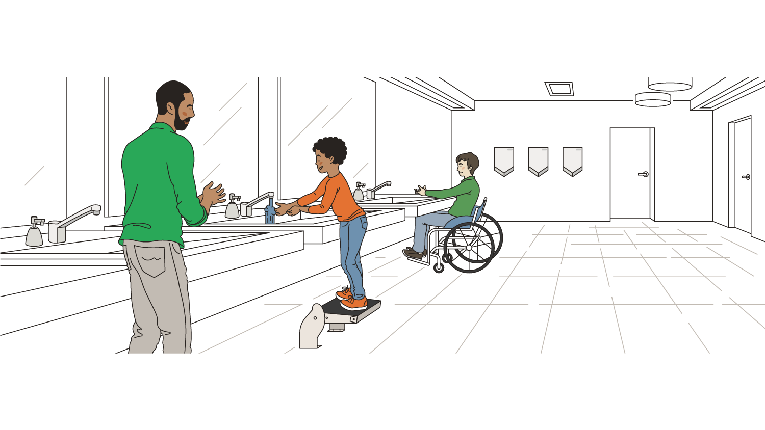 Public bathroom with universal design showing an adult, a child on a floor mounted step stool and a wheelchair user