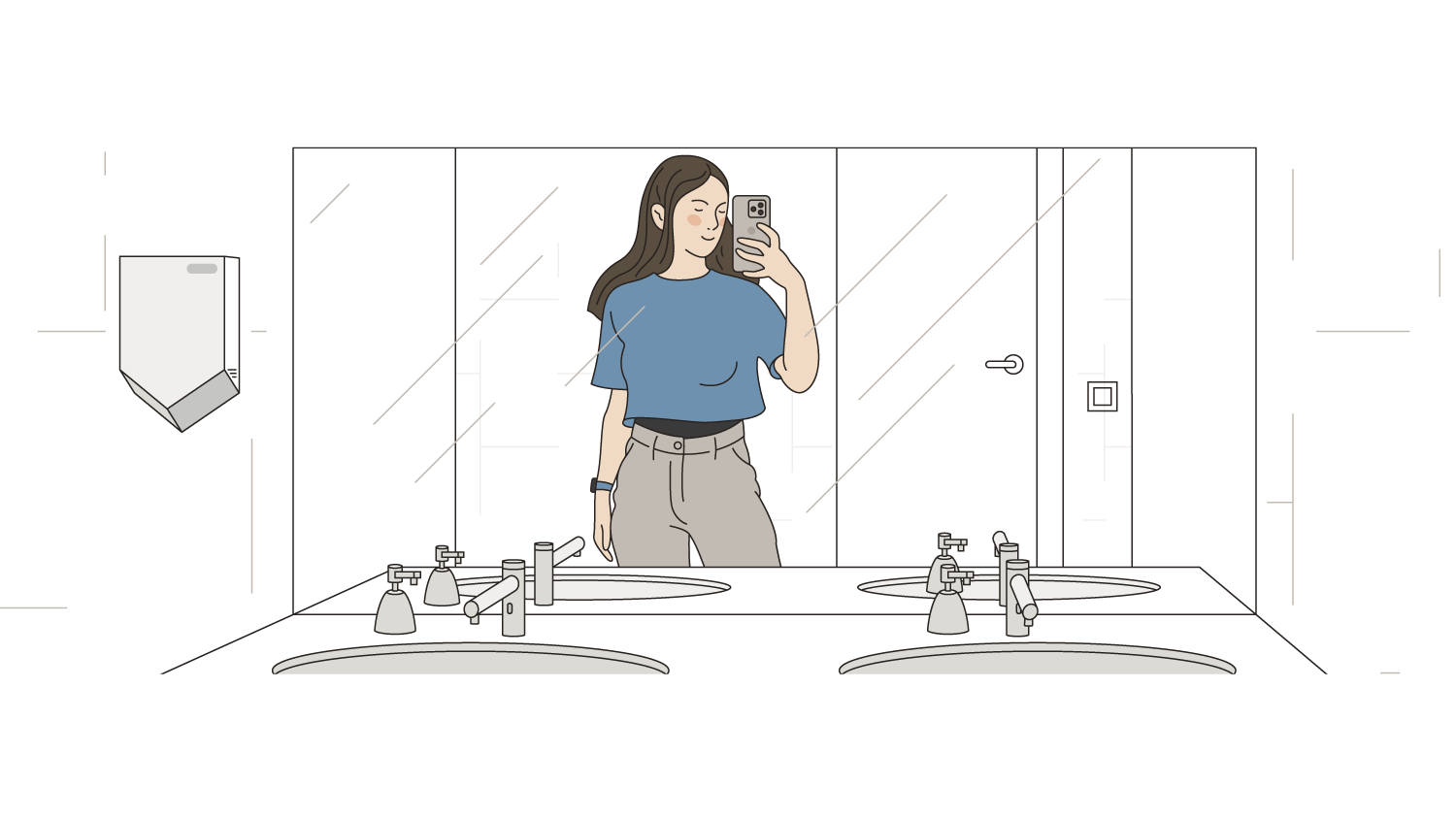 Woman holding her phone up, facing the mirror and taking a selfie in a restaurant or public bathroom