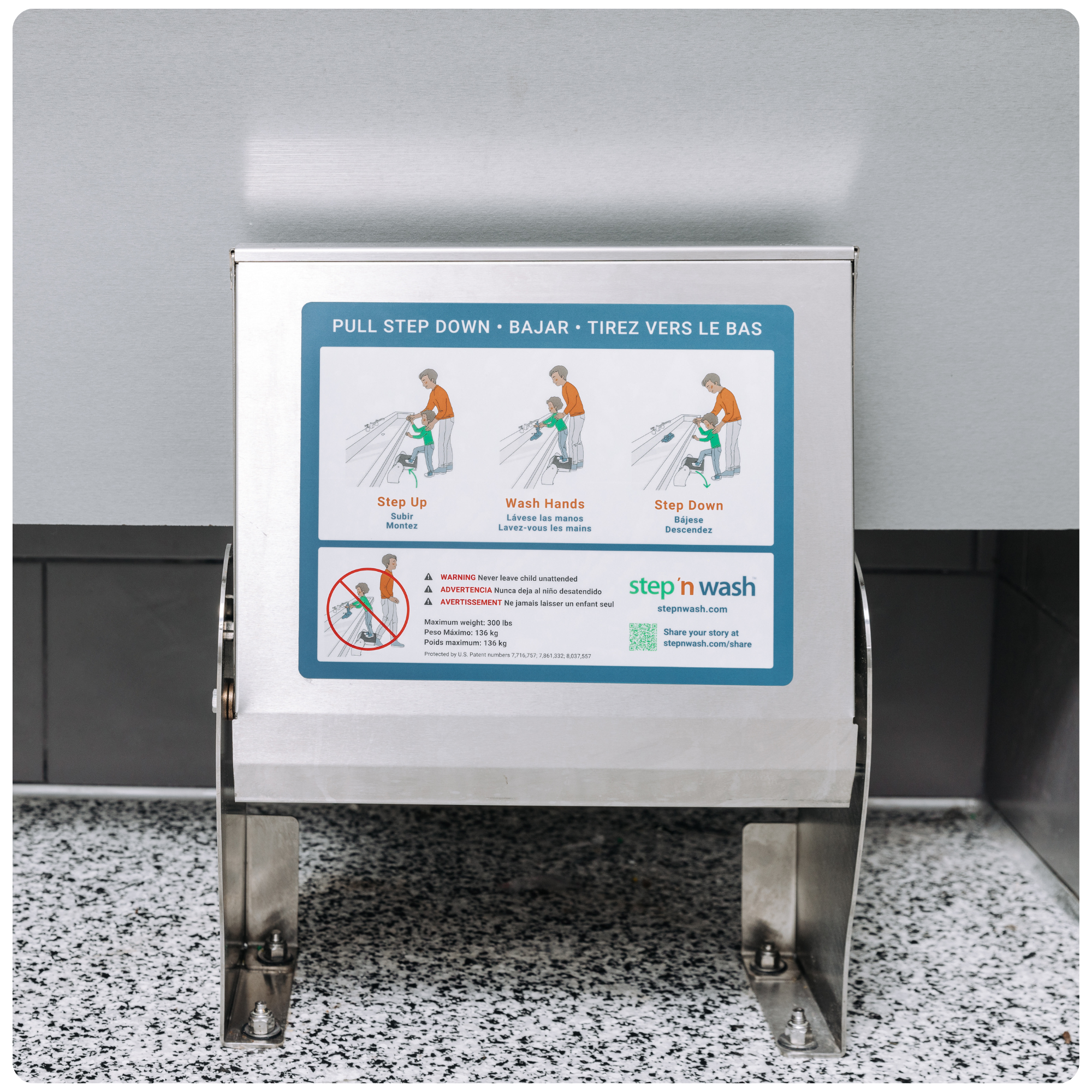 Step 'n Wash step stool in an airport bathroom